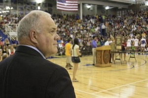 Principal John Williams scans the crowd at the first all-school convocation on Aug. 12. Williams said the school will honor a number of groups at the fall recognition convocation on Nov. 22. CONNOR GORDON / PHOTO