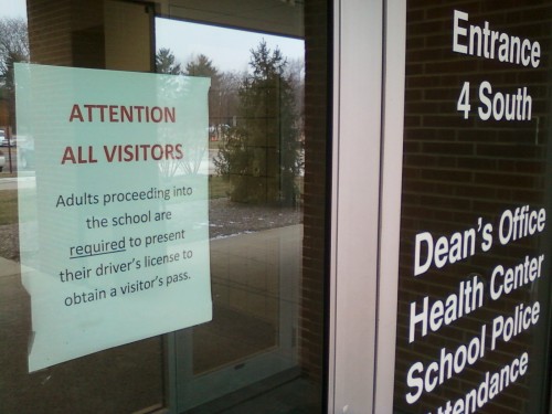 A sign at Door 4 informs visitors of the procedure required to enter the school, a sentiment echoed in the first monthly safety tip. The administration began the program as part of a schoolwide effort to keep school safety in the forefronts of students’ and teachers’ minds. 