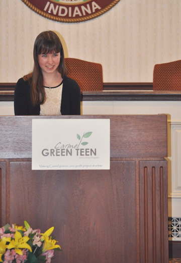 Lauren Gibson, founder of the Carmel Green Teen Micro-Grant Program and senior, speaks at an award ceremony. According to Gibson, she does not see her gender as any impediment to her ability to succeed.