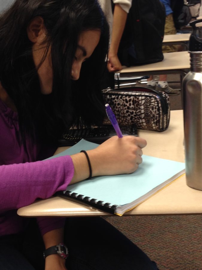 Sophomore Kimaya Raje plans out her day on the back of her notebook so she can make time to attend the Anime Club meeting. According to Yanying Chen, Anime Club president and senior, the club is always looking for new members.  SREYA VEMURI / PHOTO