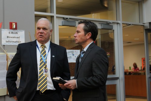 Superintendent Nicholas Wahl speaks with Principal John Williams during a convocation. Wahl is planning to establish a student advisory committee to discuss potential policies with administration. JOSEPH LEE / PHOTO