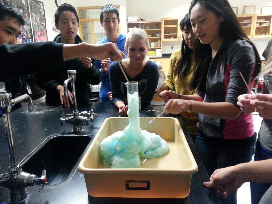 Alyssa Zhao, Chemistry Club officer and senior, leads Chemistry Club members in an experiment called “Elephant Toothpaste”. Chemistry Club members conduct the experiments to understand the scientific process behind them, so that they can easily replicate the process during demonstrations in elementary schools. JOSEPH LEE / PHOTO