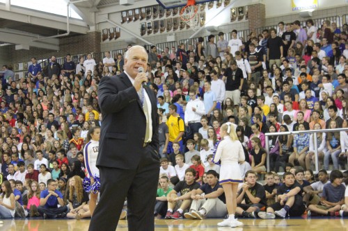 Principal John Williams speaks at an all-school convocation in the 2014 school year. Williams described the PTO Open House on Aug 28. as a great night for our parents. SARAH LIU / PHOTO