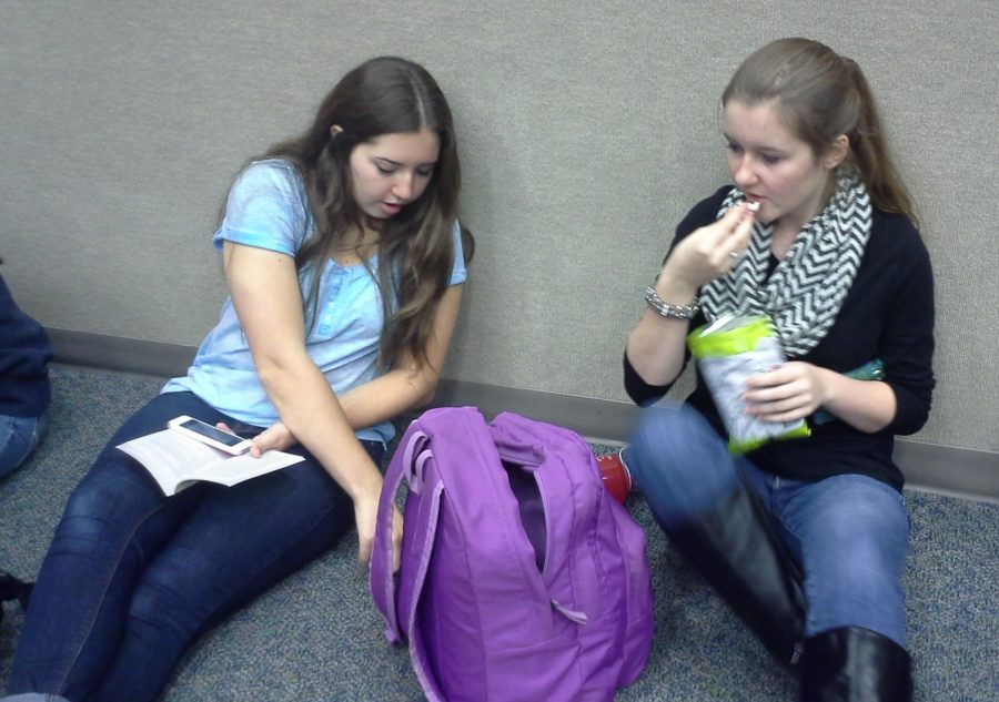Grace Miller, co-vice president and junior, eats a snack while she talks with junior Solveig Naumann. She said the club will discuss ways to fundraise for orphanages in India. 