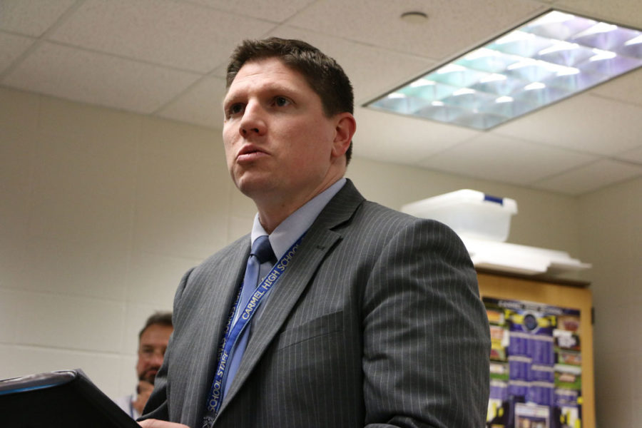 Assistant Principal Bradley Sever speaks before a CHS Politics Club meeting on Nov. 3. Sever said that the senior class will participate in a panoramic photo on Nov. 24. JASON KLEIN / PHOTO