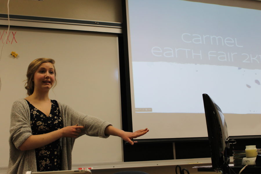 Maddie Adkins, Environmental Club co-president and sophomore, presents ideas for the club’s Earth Day event during a club meeting. Adkins said the event is aimed at raising awareness for the environment. SARAH LIU / PHOTO