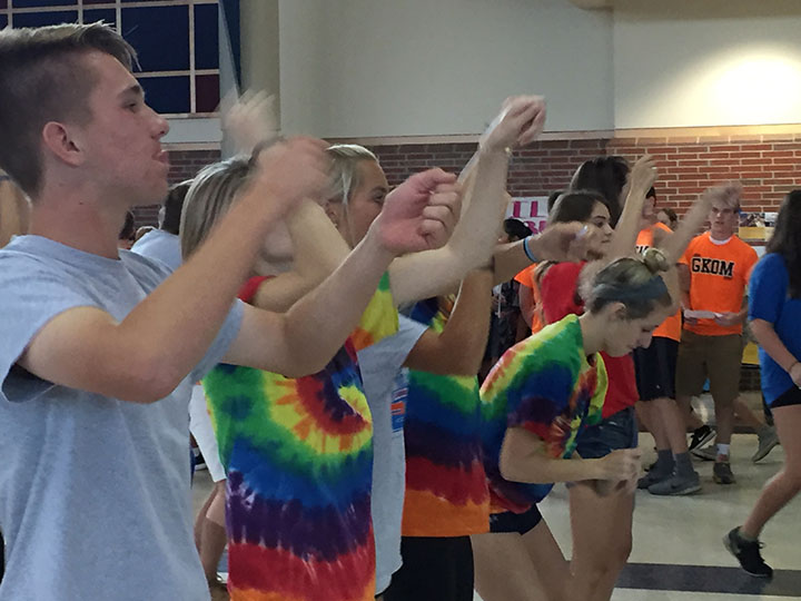 Cabinet officers and House members demonstrate last year’s Dance Marathon dance during SRT. Cabinet member and senior Brendan Shemer is really looking forward to Dance Marathon as he said it is his favorite event of the year.