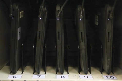 CATCHING ONTO CHROMEBOOKS: New Chromebooks in the media center's laptop carts.