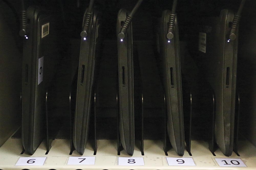 CATCHING ONTO CHROMEBOOKS: New Chromebooks in the media center's laptop carts.