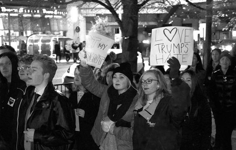MARCHING ON:
Senior Emily Pattyn protests along with others at the anti-Donald Trump rally on Nov. 12. “I don’t know how to get (Trump) to see what Emily Pattyn wants, but I think having him see the struggles people go through (is positive),” Pattyn said.