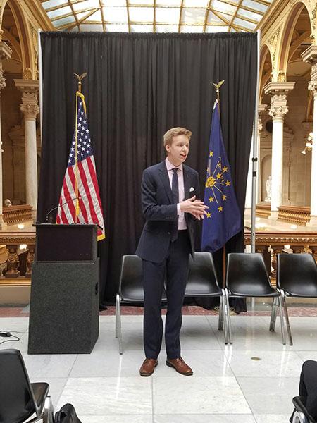 STUDENT POLITICIANS: Cole Ferguson, chairman of Indiana High School Democrats, executive board member of Indiana Young Democrats, CHS Democrats leader and senior, speaks at the statehouse during an Indiana High School Democrats program. Ferguson said marijuana should be legalized nationwide.