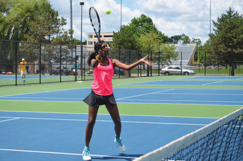 SUMMER WORK: Anjali Natarajan, women’s tennis player and freshman, practices tennis at Zionsville High School over the summer. She went to Sycamore School before transferring to Carmel. 
Jess Canaley | Photo