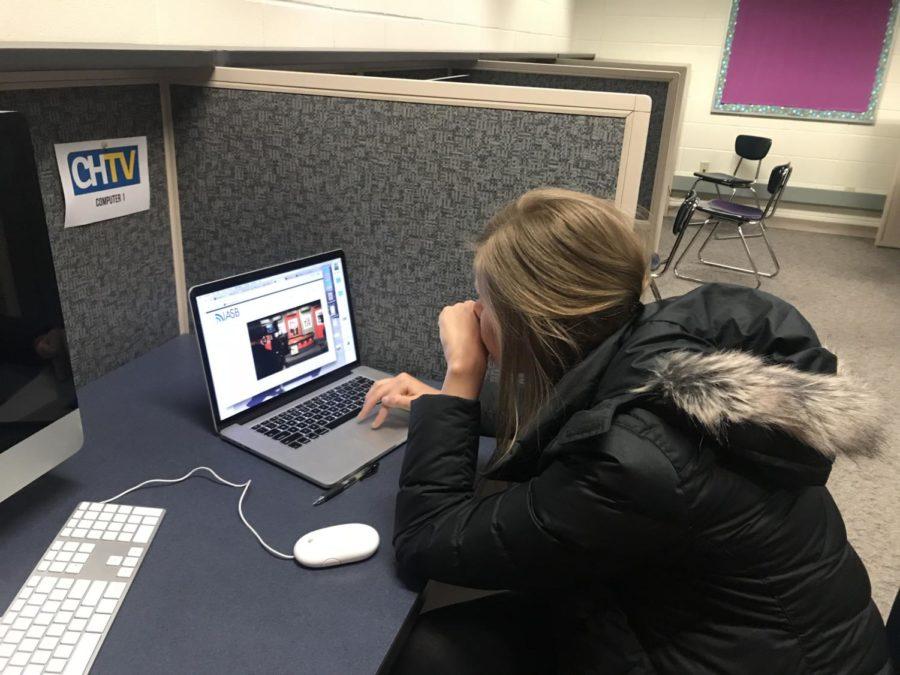 
Anna Kaiser works on the next broadcast in the CHTV editing lab on Feb. 23. Kaiser worked with Stephen Abshire, CHTV staff member and senior, in the lab for the whole period that day.