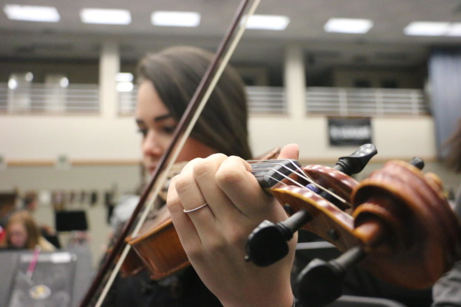 Senior Lauren Salmon warms up before orchestra rehearsal. According to Salmon, she started playing viola because of her scoliosis.