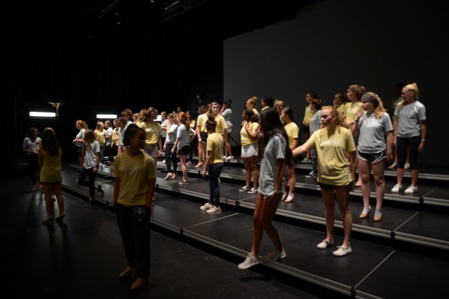 Accents practice a dance number at an evening rehearsal. Along with multiple solo or small group numbers, Accents have performed an ensemble number at the annual Cabaret show.