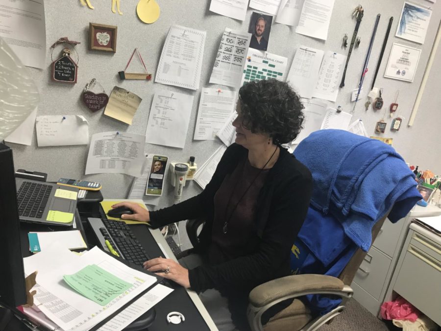 Math department chair Jacinda Sohalski quietly works at her desk. In the next few weeks, she will be working to implement new math courses for next year. 