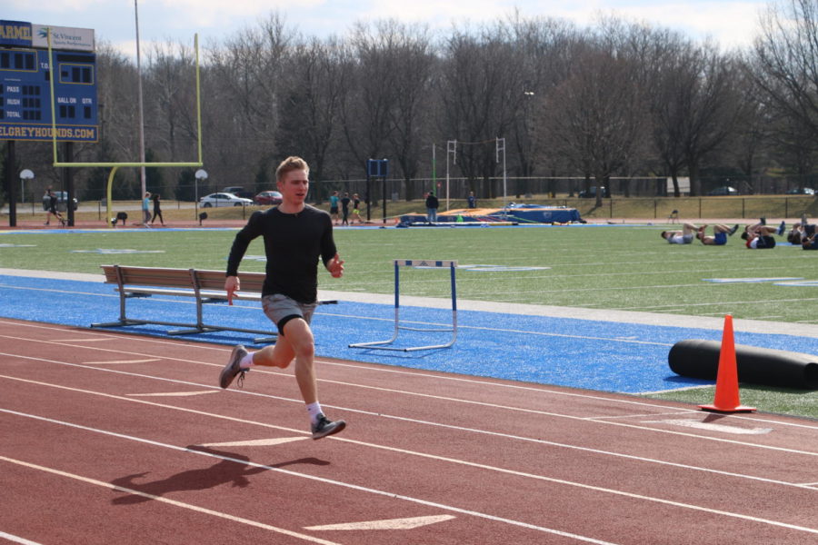 Mens Track and Field:
Samuel (Sam) Rogers, mens track runner and senior, completes a sprint during practice on March 19. The teams next contest will take them to Indiana University on March 23, where they will compete in the Hoosier State Relay Finals.