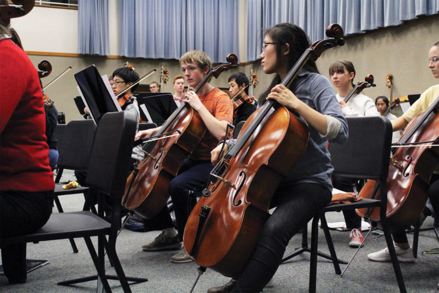 Selin Oh, Camerata cellist and senior, reh- earses after school. She said one of the pieces they’re playing, “Dvorak Symphony No. 9,” is really special to her, and she’s excited to share it with other musicians.