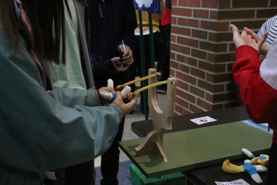 A student at the Statistics Carnival prepares to launch a doll at a games target.