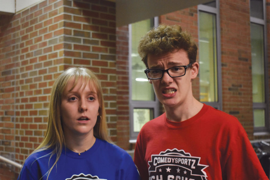 Piper Dafforn, Comedy Sportz team captain and senior, and Comedy Sportz member and senior Austin Roberts make silly faces during an improv game. Both Dafforn and Roberts said Comedy Sportz has benefitted them in many ways.
