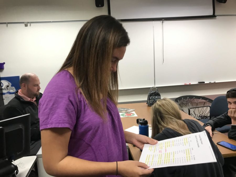Senior Kate Donovan reviews plans for the fundraiser while sharing her ideas with fellow club members. “People should show up and support breast cancer patients and the basketball team on Feb. 15,” Donovan said.