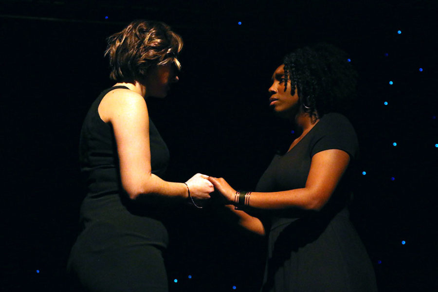 Two actresses from the KJI Institute for the Arts perform a monologue at the inaugural Martin Luther King Jr. Celebration event. They took on the roles of Violet Gregg Liuzzo (on the left) and Sarah Evans (on the right), two activists of the National Association for the Advancement of Colored People (NAACP).
