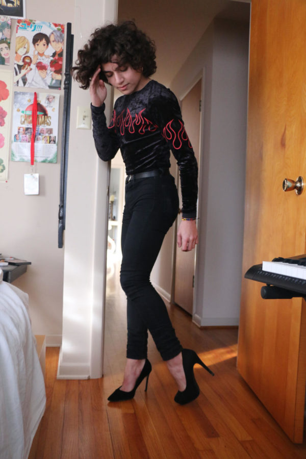 Freshman Daniel Tanner poses in his high heels. Daniel said he even wore a dress to homecoming this year and that he was mostly feminine-presenting at the time. He said, “It didn’t even feel like a journey or a movement­—it just felt normal. But it did take a lot of courage.”