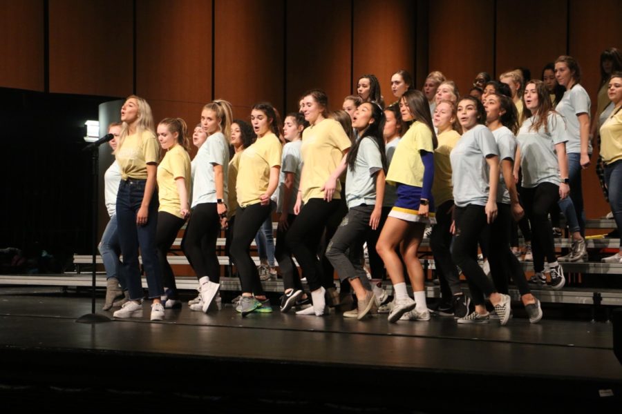 Accents rehearse a number from this past season’s competition set. Accents and junior Chloe Eades (far left) said she is proud of this past year’s accomplishments and looks forward to seeing where the seniors will end up after graduation.