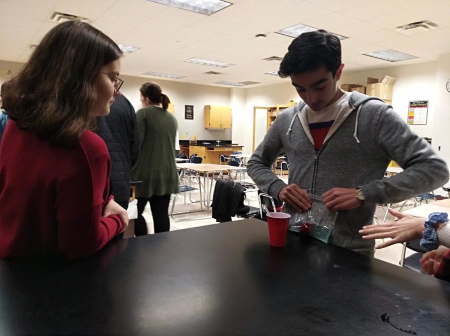 Layla Qureshi, future vice president and junior works on extracting DNA from a strawberry with the help of the co-president Adam Munshi. Qureshi said the experiment they did during the meeting was fun even though she had done it before.