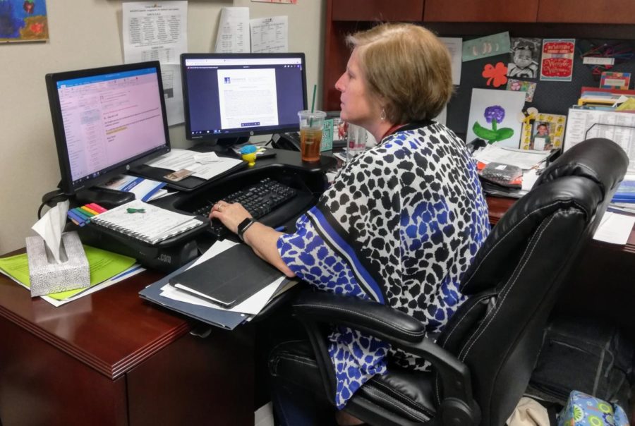 Melinda Stephan, college and careers programming and resources coordinator, reads emails and plans to send out more emails soon about AP exams. The last day of AP testing is May 17. 