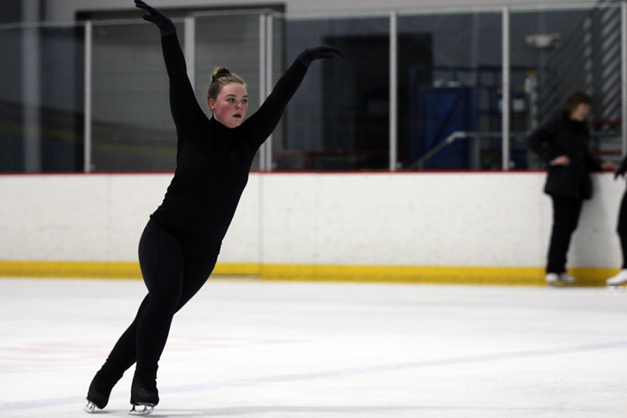 Liz Butz, figure skater and freshman, works on her program. She said she does on and off-ice training, as well as cardio workouts and strength training during practice.