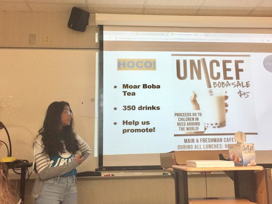 Viha Bynagari, UNICEF Club co-president and senior, presents on the club’s plans for the 2019-20 school year at the Sept. 10 callout meeting. She said UNICEF Club’s homecoming booth on Sept. 27 will sell bubble tea and is usually very popular.
