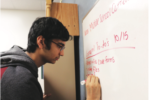 Abinay Devarakonda, Key Club President and senior, writes the agenda for the day on a white board during SRT in the Key Club office. The Key Club officers were assigned to that SRT because it allows them to easily coordinate events and activities.