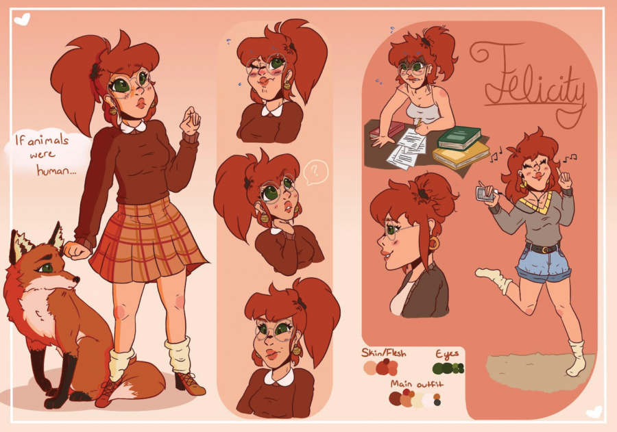 Note: This is a character design by junior Kenzie Howard; this was not created by the HiLite staff. Kenzie Howard, character designer and junior, draws different aspects of her original character, Felicity. She created the concept based off of the question of what animals would look like if they were humans.