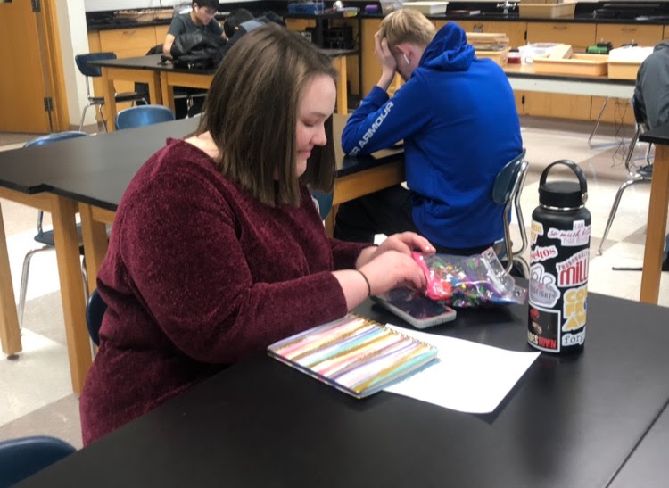 Sarah Warf, Comedy Sportz member and sophomore, works on homework during her SRT period on Jan. 8. Warf said during school, she looks forward to club meetings because she is able to easily and freely laugh.