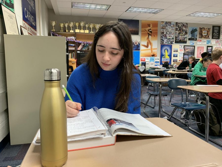 Nina Metaxas, CMYC vice president and senior, works on homework during SRT. According to Metaxas, CMYC is currently working on finalizing the details for its upcoming dodgeball tournament, which will take place Jan. 17.
