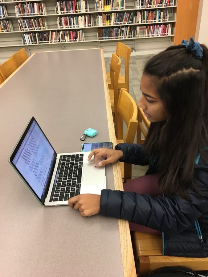 Senior Class treasurer Meera Murthy works on homework at the library during SRT. She says she finds the library as an ideal place to work due to its quiet and productive atmosphere.
