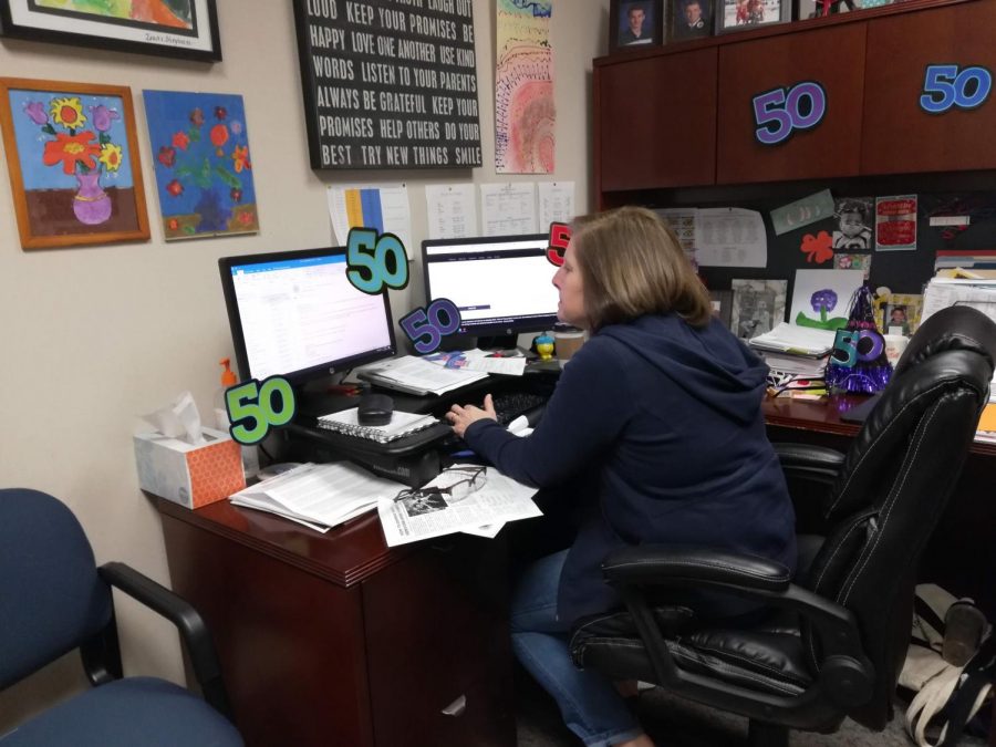Melinda Stephan, college and careers programming and resources coordinator, looks at her emails regarding information about the Freshman and Sophomore College and Career Planning Night. This event will take place on March 3 from 6:30 to 8:50 p.m. in the Dale E. Graham Auditorium.