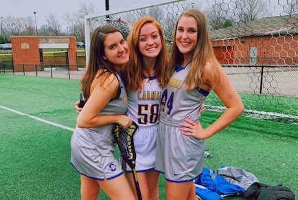 Avery Jarosinski (right), lacrosse player and junior, poses for a picture with her teammates junior Anna Moore (left) and junior Ally Bailey (middle). Jarosinski said although the team is doing at- home workouts, they were not the same as normal practices afterschool before the COVID-19 break.