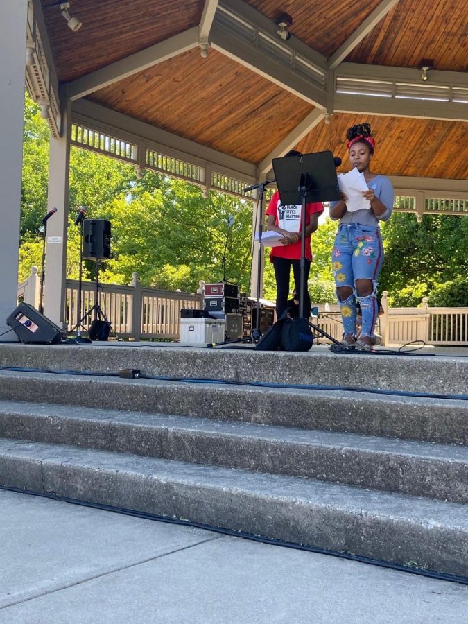 Selam “Selamawit” Waclawik (right), co-founder, co-president of Black Student Alliance and senior, speaks at the Carmel Sit-In this summer. Waclawik said she was inspired to found the club with Blakey as a creative space for black students.
