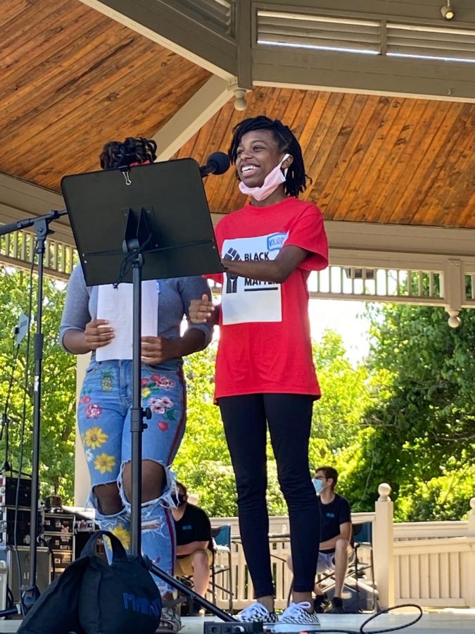 Morgan Blakey (right), Black Student Alliance co-founder, co-president and senior, speaks at the Carmel Sit-In this summer. Blakey said the Black Student Alliance has begun speaking at more rallies.
