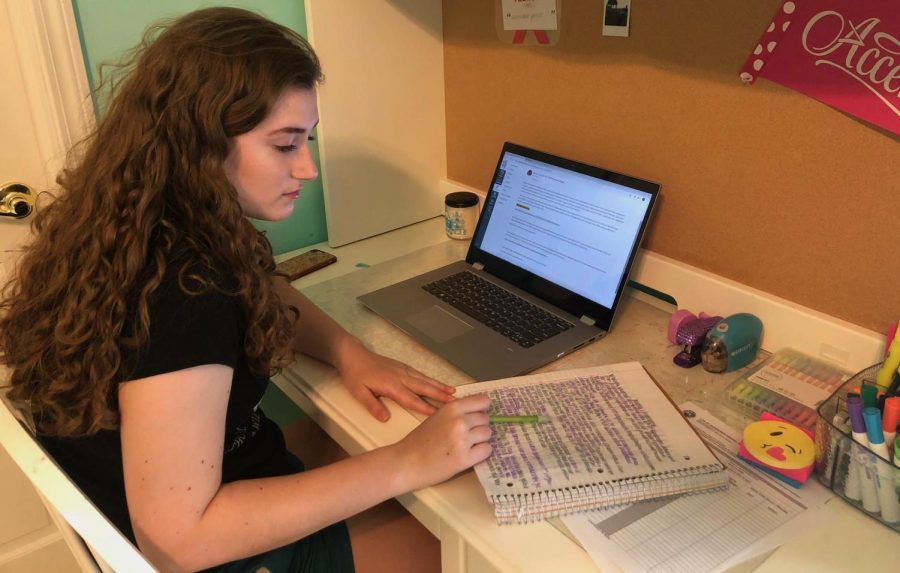 Senior Sarah Konrad takes notes for class during online-learning time.She said she had trouble for the first few days, but did her best to find a schedule to help her get things turned in on time.
