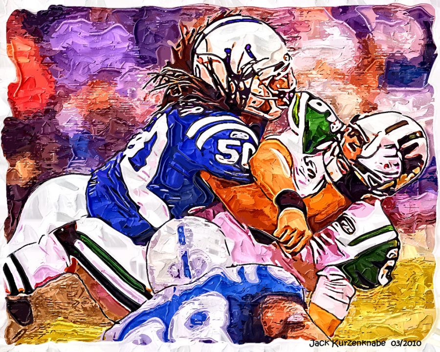 This delightful 2010 drawing sums up the game precisely. - Colts Philip Wheeler Jets Mark Sanchez by Jack Kurzenknabe is marked under CC PDM 1.0. To view the terms, visit https://creativecommons.org/publicdomain/mark/1.0/