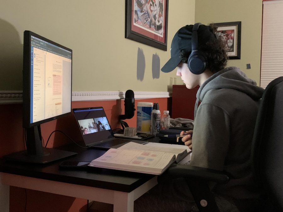 Junior Caleb Suhy zoom calls his math tutor for Pre-Calculus. He states that because of the limited time of instruction with teachers, he has made it a goal to remain diligent in his work.