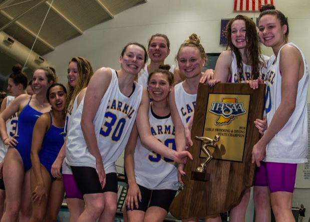 Members of the women’s swim team celebrate their victory at the IHSAA State Finals on Feb. 17, 2020. The swim team is about to kick off this year’s IHSAA Tournament season, with the ultimate goal of winning their 35th consecutive state championship. 
Photo from @SwimDiveCHS on Twitter