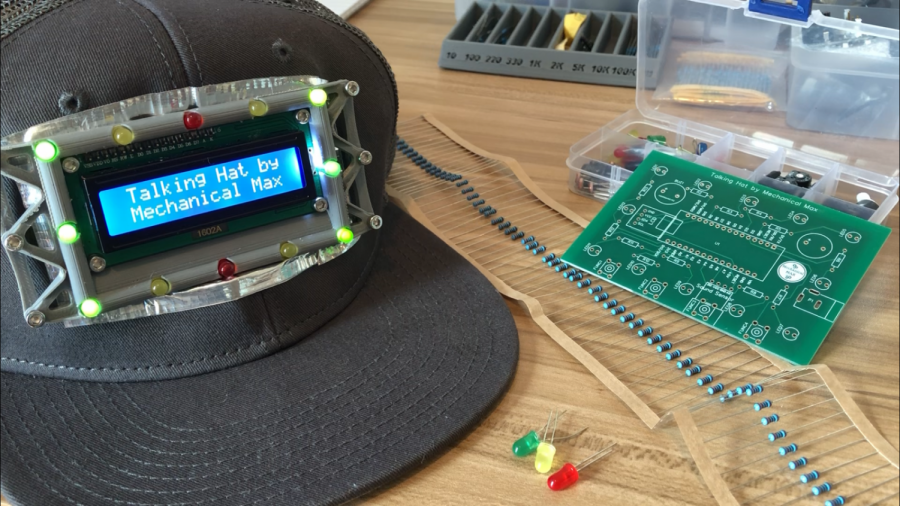 A hat with an LCD screen that can write text, play music, or flash LED lights.