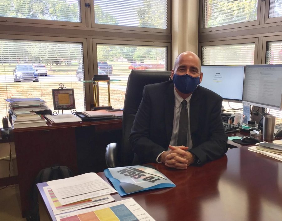 Superintendent Michael Beresford sits in his office. He said CCS is currently devising a plan to reopen school fully for grades 6 to 12 and added that all-virtual students would be able to continue their all-virtual schedule.