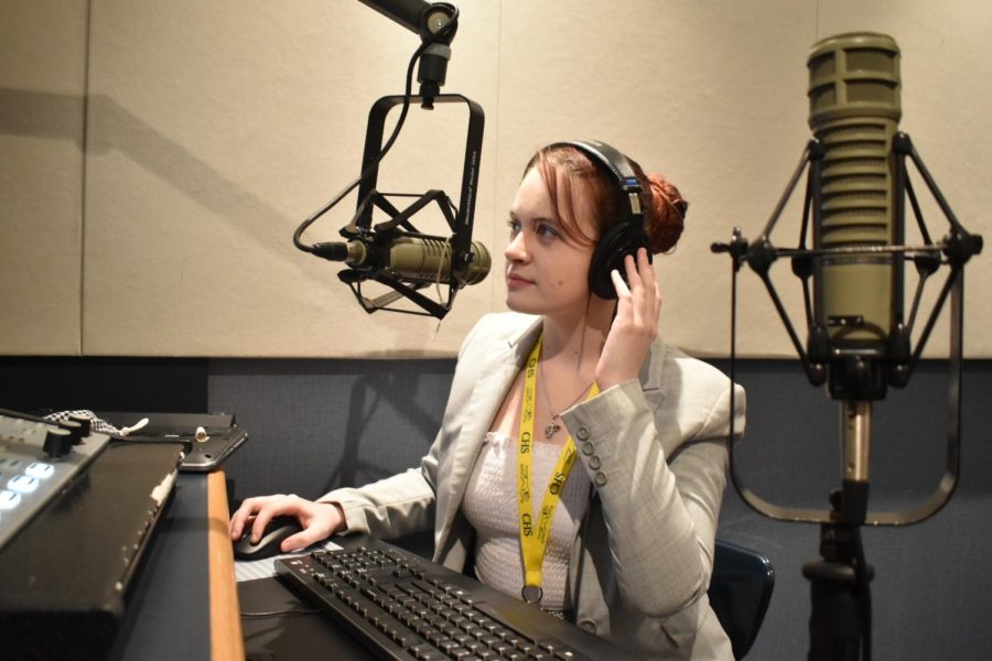 Senior Skylar Greaves records and edits a segment for her podcast “What’s in Wyoming.” Greaves said her main focus for WHJE is drama podcasts, and she is one of three podcasting managers. 
