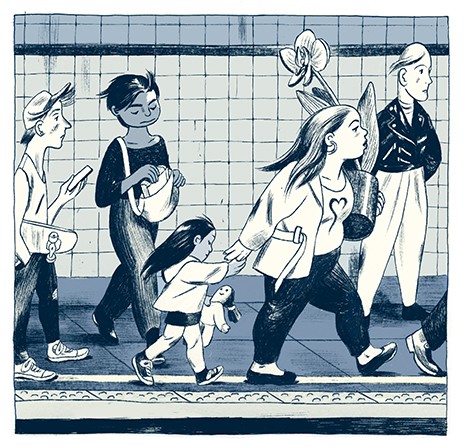 An illustration from Jillian Tamaki for a New York subway. Illustrated in 2015, its a great example of Tamakis soft blue colors to capture little moments. 