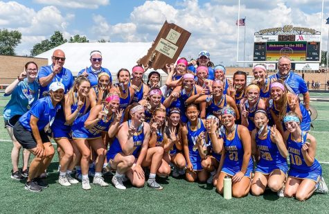 Members of the women’s lacrosse team celebrate their 2021 state victory. According to Hanna, while many girls in this group graduated last year, the team aims to defend its state title.
Photo from @CarmelGirlsLAX on Twitter